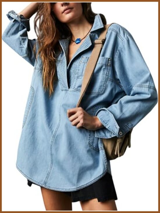 Jackets & Blazers - Womens Denim Jacket Loose Fit V Neck Long Sleeve Jean Pullover